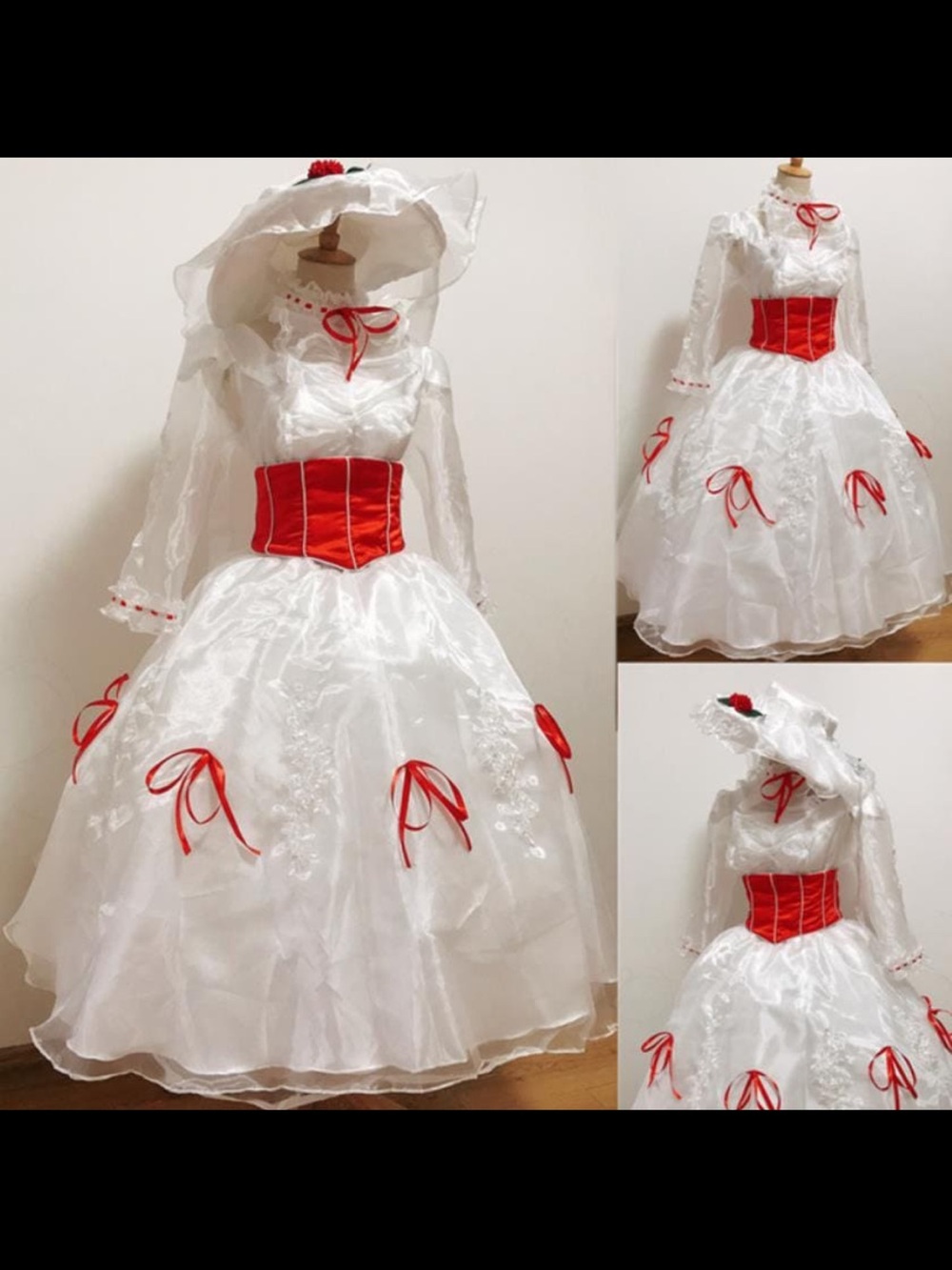 Women White and Red Victorian-Style Costume Dress with Hat